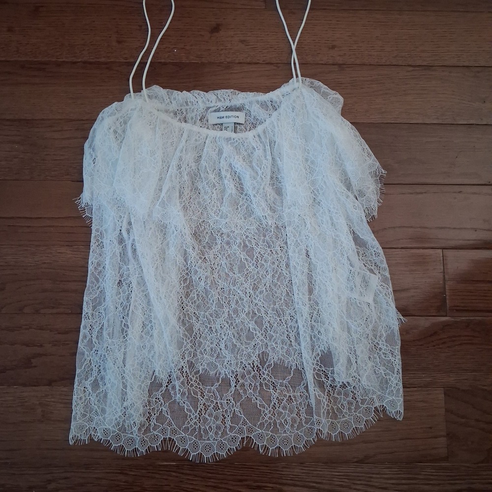 HM Edition White Floral Lace Camisole Spaghetti Strap Ruffle Tiered Top L NWOT